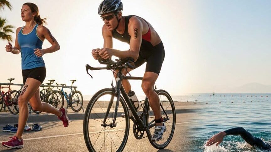 banner de persona corriendo, al centro persona en bicicleta y al final una persona nadando