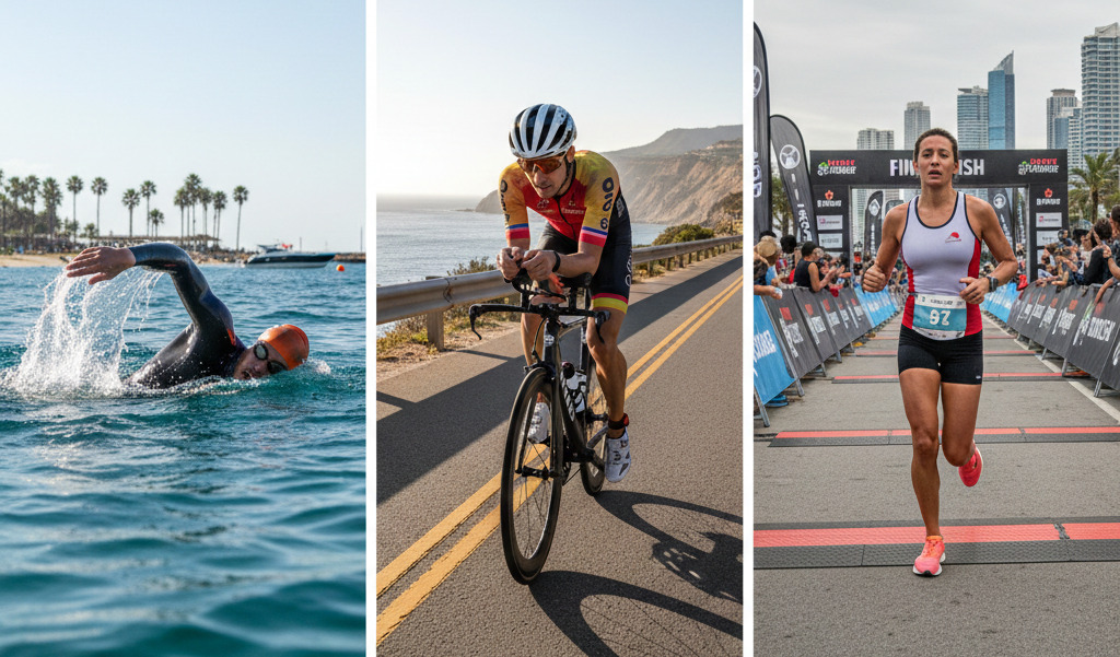Collage de triatlón empezando por persona nadando, persona en bici y persona corriendo