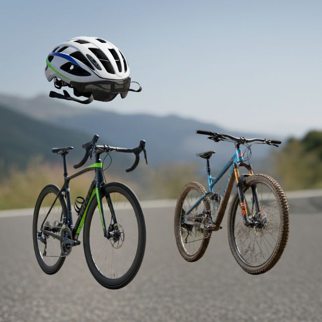 Equipamiento de ciclismo para triatlón, que incluye una bicicleta que puede ser de carrera o de montaña y un casco con buena circulación del aire