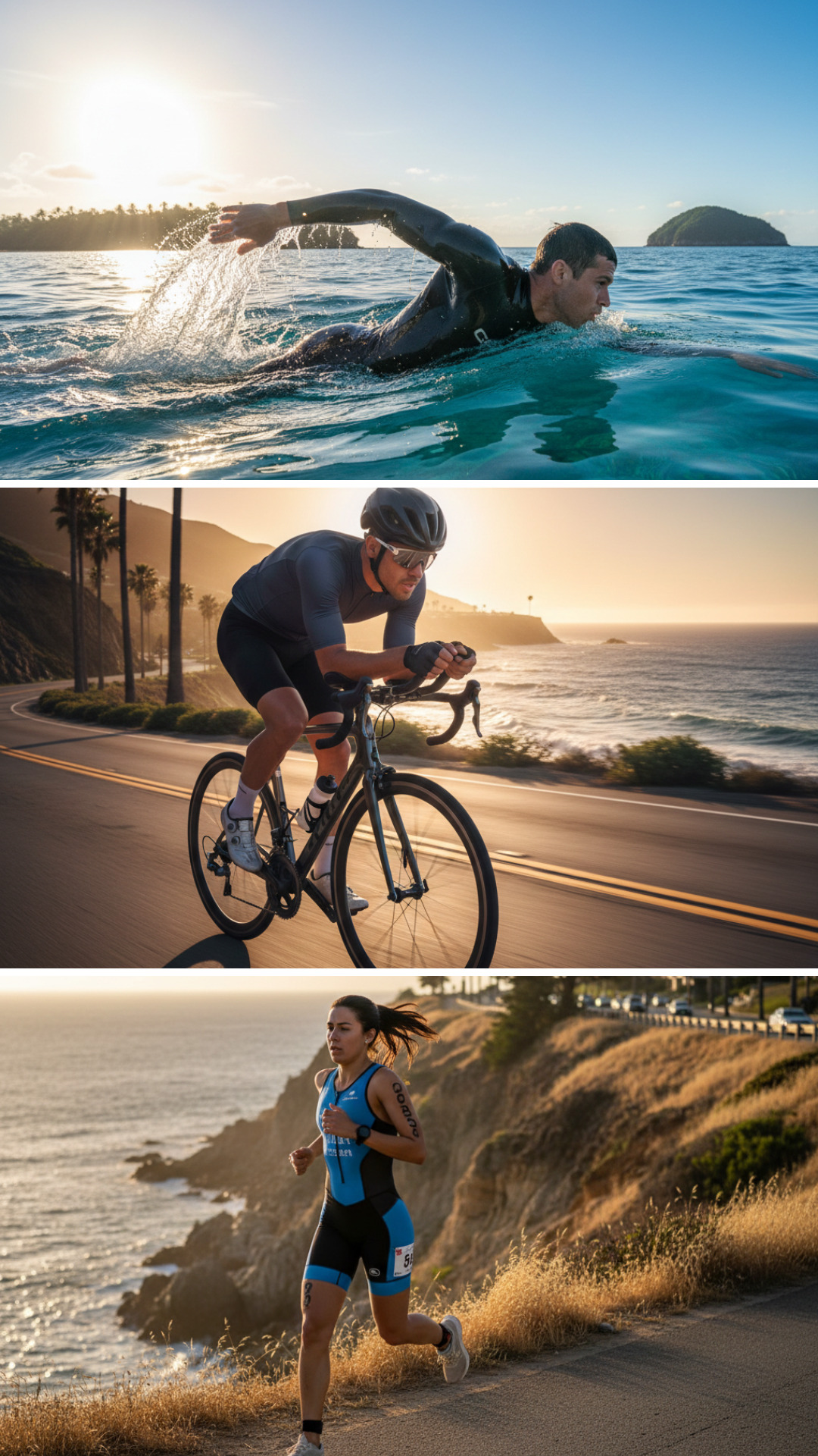 Imagen en vertical de persona nadando, al centro persona en bicicleta y hasta abajo persona corriendo