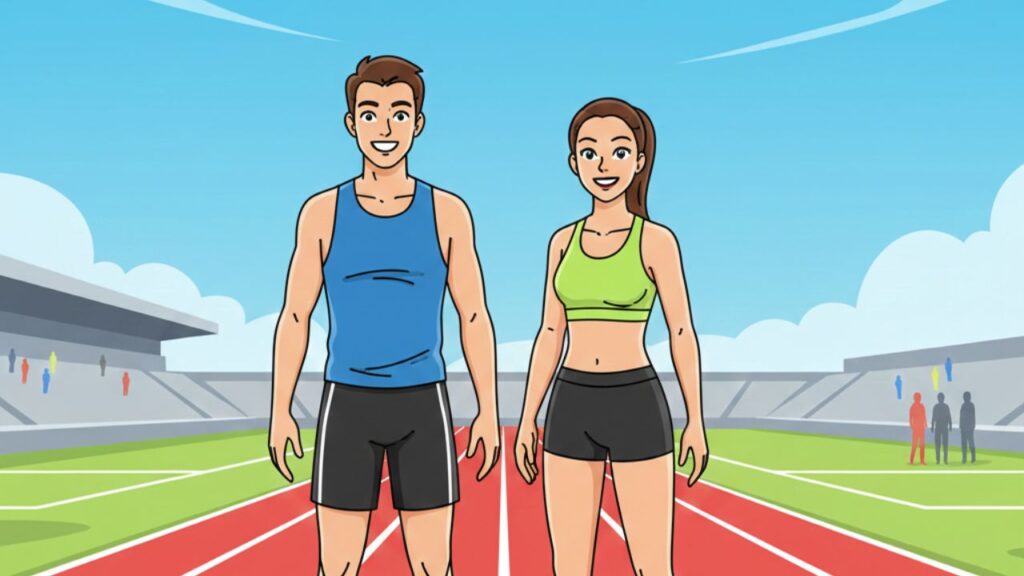 Atletas felices por competir en la pista de carreras del atletismo