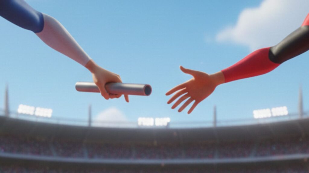 Persona pasando el testigo para la prueba de relevos hacia otra persona