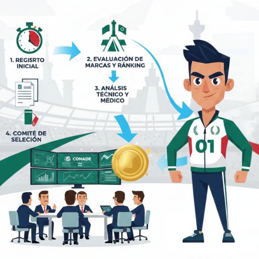 Registro para los atletas a la CONADE:
1. Registro inicial
2. Evaluación de marcas y ranking
3. Análisis técnico y médico
4. Comité de selección