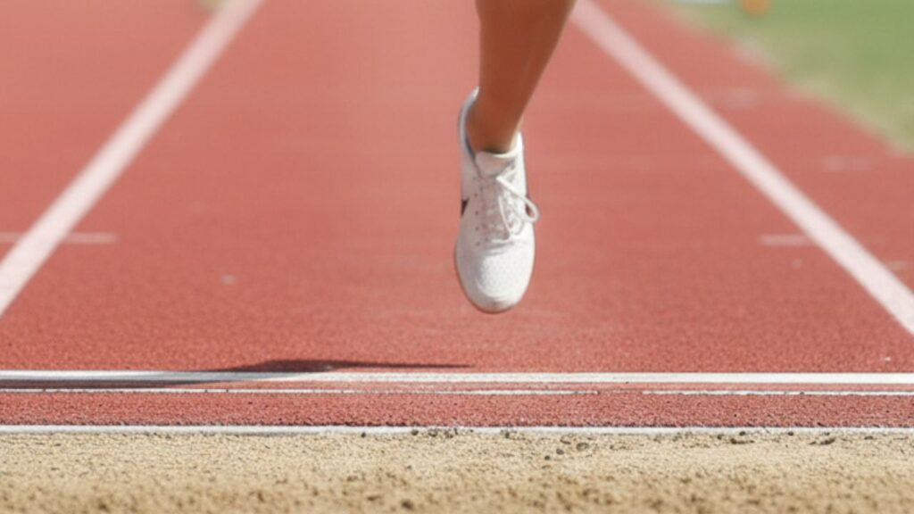 Persona saltando para la prueba de salto de longitud justo antes de la tabla de batida